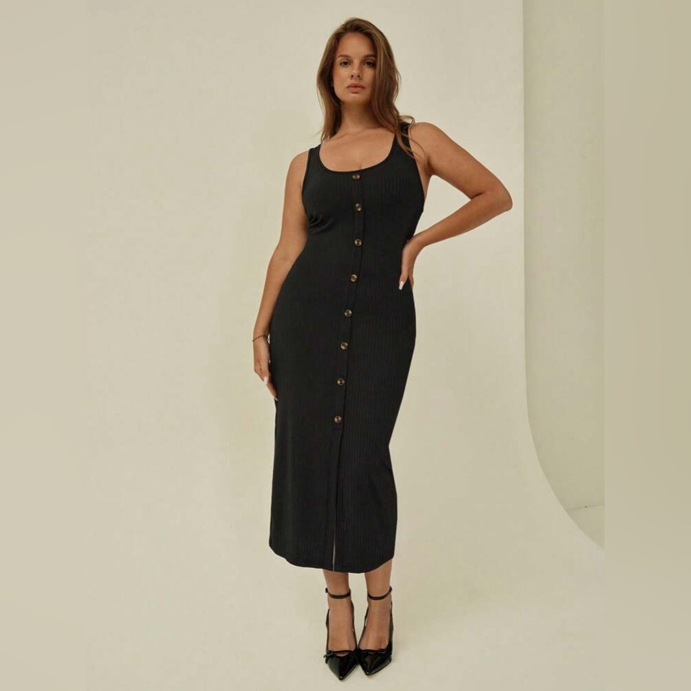 SHEIN Black Ribbed Button-Front Midi SunDress